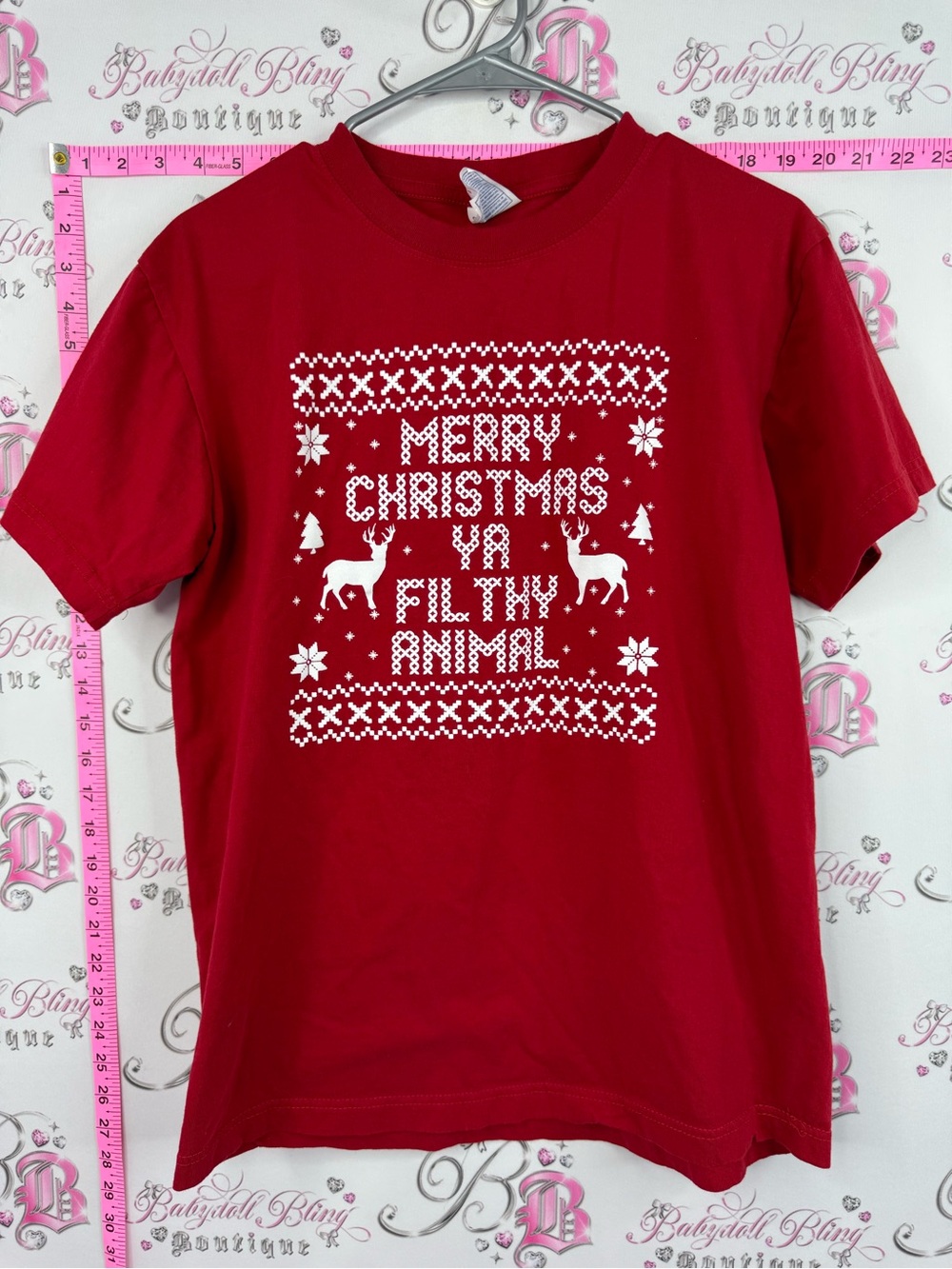 T-shirt Red Short Sleeve Graphic Tee Holiday 'Merry Christmas Ya Filthy Animal'